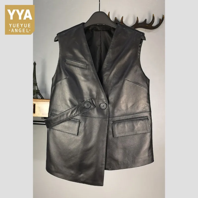 Женский двубортный жилет из натуральной овечьей кожи черная Асимметричная