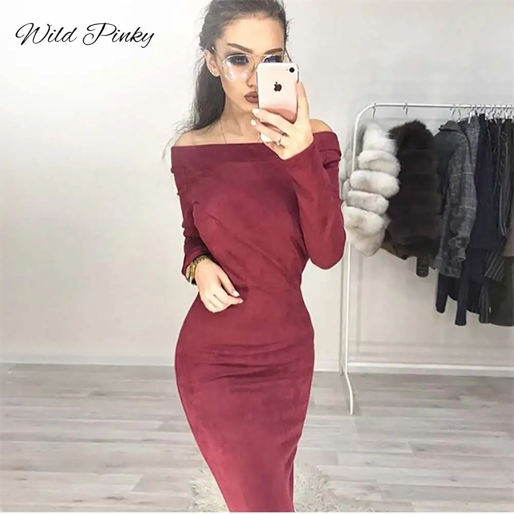 WildPinky Solid Suede Long Sleeve Off shoulder Women Midi Dress Autumn Winter Female Sexy Bodycon New Year Party Vestidos | Женская
