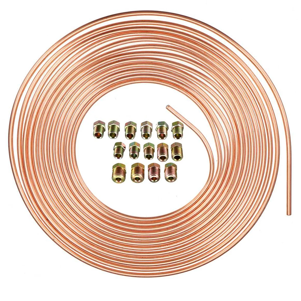 

25 Ft Copper Nickel 3/16'' OD Roll Coil Brake Line Tubing Kit 15x Fittings