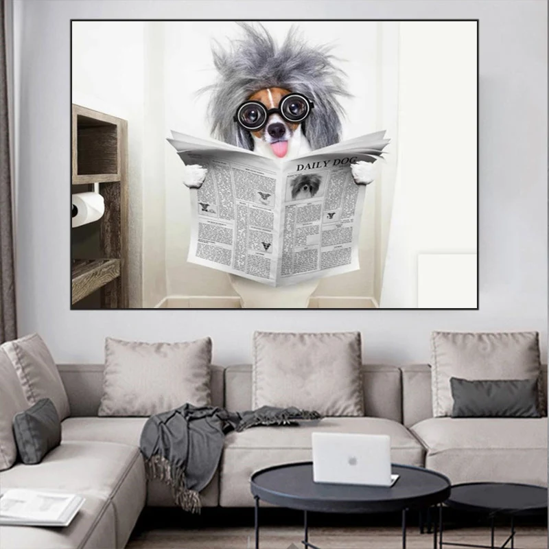 

Funny Dog Toilet Reading Newspaper Picture Animal Art Canvas Painting Posters and Prints Mural Pictures Home Decoration Cuadros