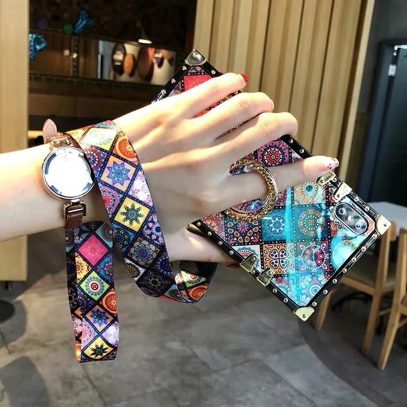 

Luxury Blue Ray Flower rose square silicone holder Strap phone case for iphone 7 8 6 6s plus X XR XS Max 12 11 Pro Max Cover