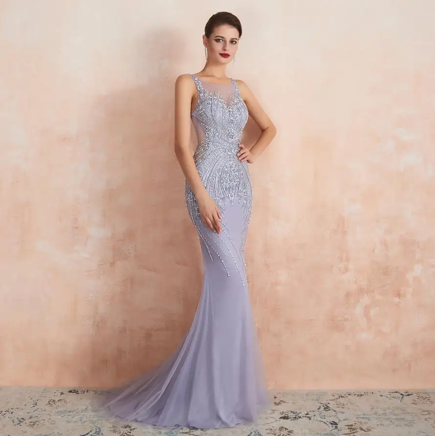 light purple Роскошное вечернее платье элегантное, с хрустальными бусинами блестящее фиолетовое красное ковровое вечернее платье для женщин вечерние платья для выпускного вечера длинное - Цвет: light purple