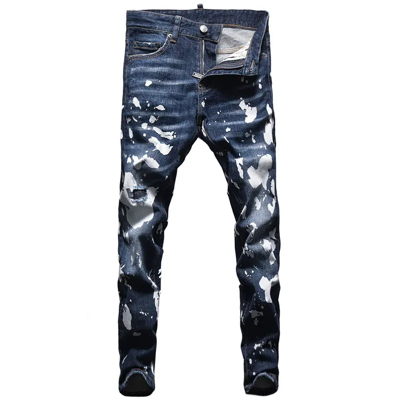 European American Street Fashion Men Jeans Retro Dark Blue Slim Fit Ripped Jeans Men Painted Designer Hip Hop Denim Punk Pants