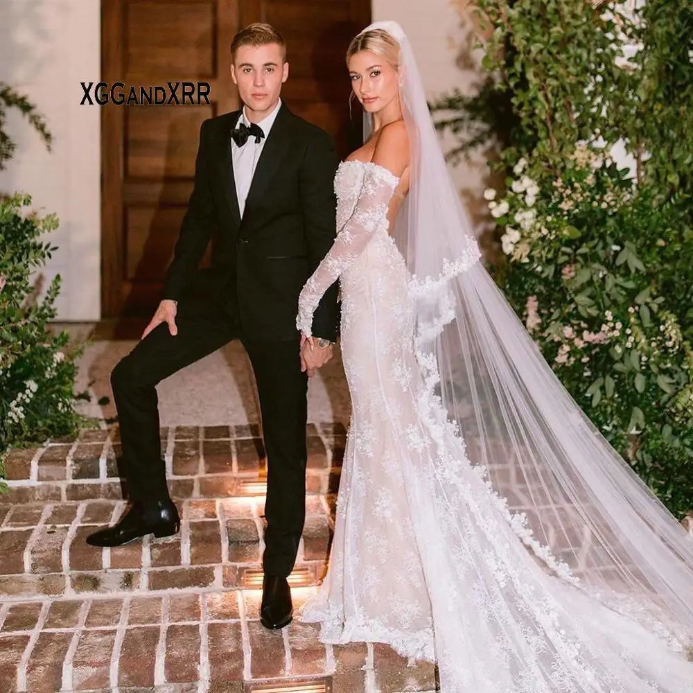 

Hailey Болдуин свадебное платье сексуальное с открытыми плечами и длинными рукавами кружевное свадебное платье знаменитости Иллюзия сзади Дл...