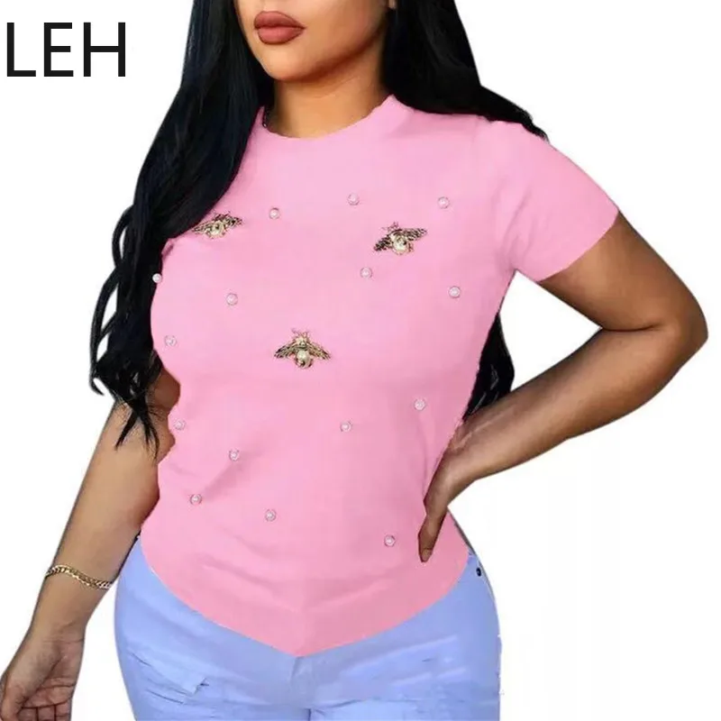 LEH женская футболка с коротким рукавом летняя жемчугом и бусинами Женская