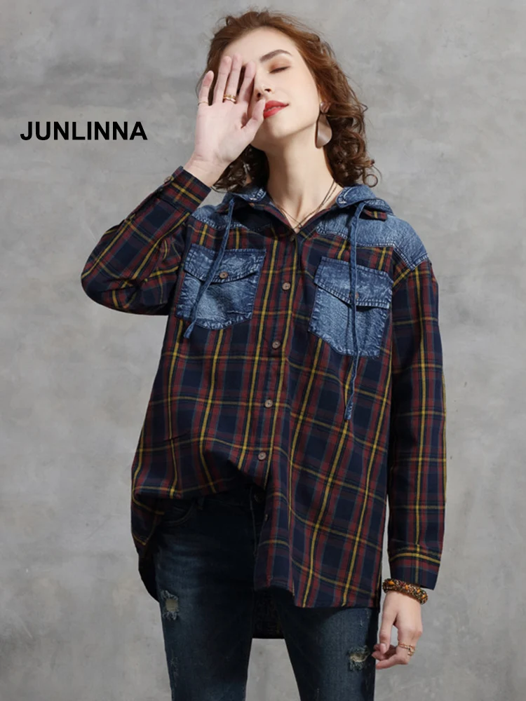 

JUNLINNA Cotton Women Shirt Plaid Vintage Fashion Spring Laptops with Hooded Single Breasted Street Blouse
