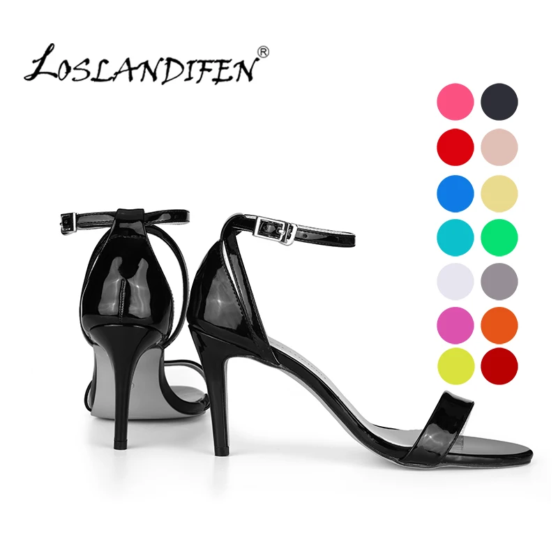 

LOSLANDIFEN Women's Sandals Ankle Stripe Summer Casual Office Pumps Buckle Patent Leather Ladies Wedding High Heel Shoes