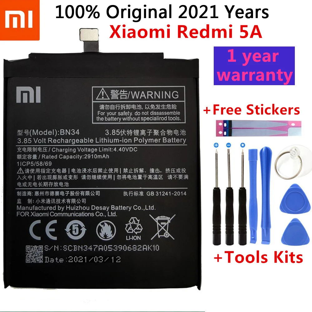 

Xiao Mi Original Phone Battery BN34 for Xiaomi Redmi 5A 5.0" Replacement Battery 3000mAh High Capacity Phone Batteries + Tools