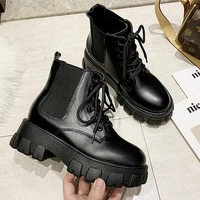 2021 womens british style new pu leather winter solid color stitching fashion casual womens horseshoe heel and ankle boots