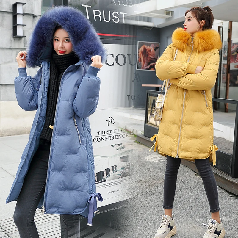 Winter Parkas 2019 new elegant embroidery letter hooded thick long women's fur collar jacket winter snow degree jackets coat