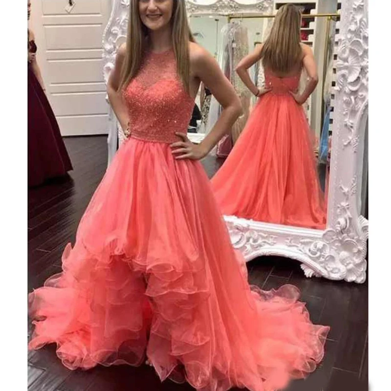 

Jewel Sleeveless Lace Beaded Prom Dresses Custom Made A-Line Party Dresses Sexy Back Asymmetrical Formal Evening Gowns