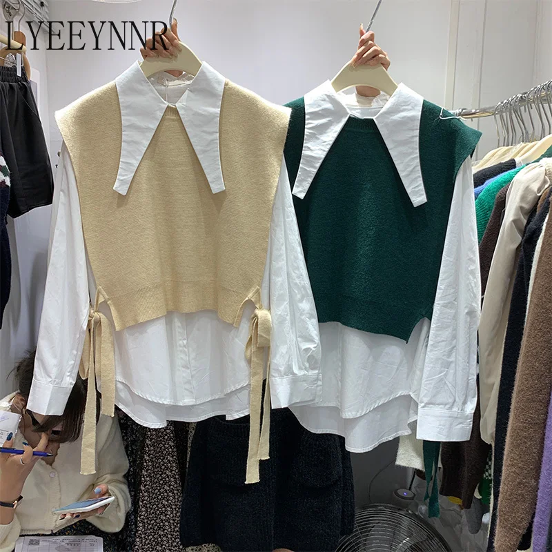 

Блузка LYEEYNNR женская с отложным воротником, однотонная шикарная рубашка в Корейском стиле, топ из двух предметов с длинным рукавом, Ранняя ос...