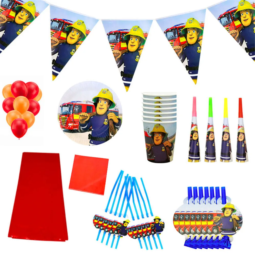 

Fireman Sam Theme Disposable Tableware Fireman Sam Birthday Party Decorations Disposable Plates Napkins Cups Banners