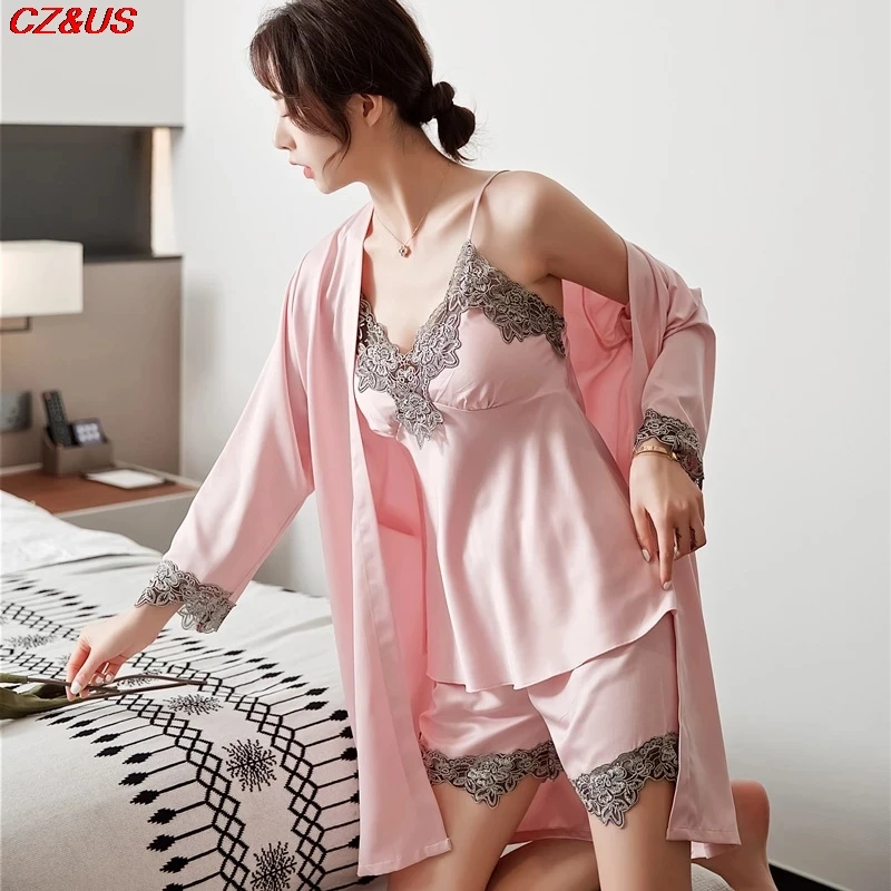 

Женский Шелковый пикантный халат M-2XL 5 шт., костюм для сна, женский кружевной Атласный пижамный комплект, ночная сорочка с V-образным вырезом, ...