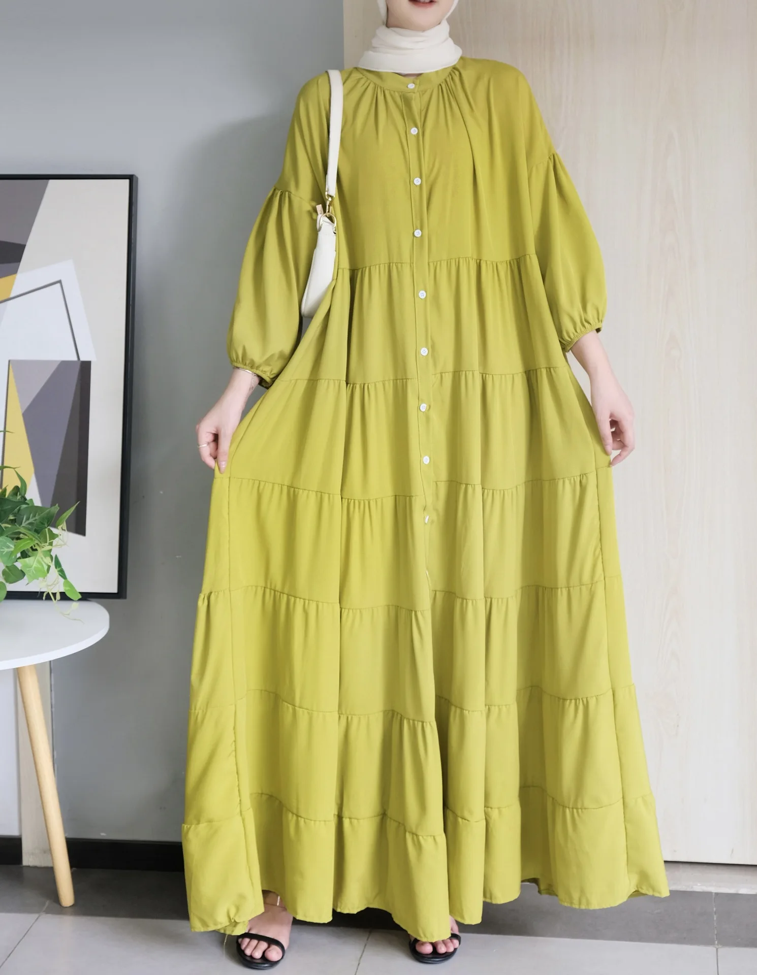 Solid Color Plain Muslim Long Dresses for Women Dubai Abaya Turkey Hijab Dress Long Sleeve Kaftan Vestido Ruffles Sundress