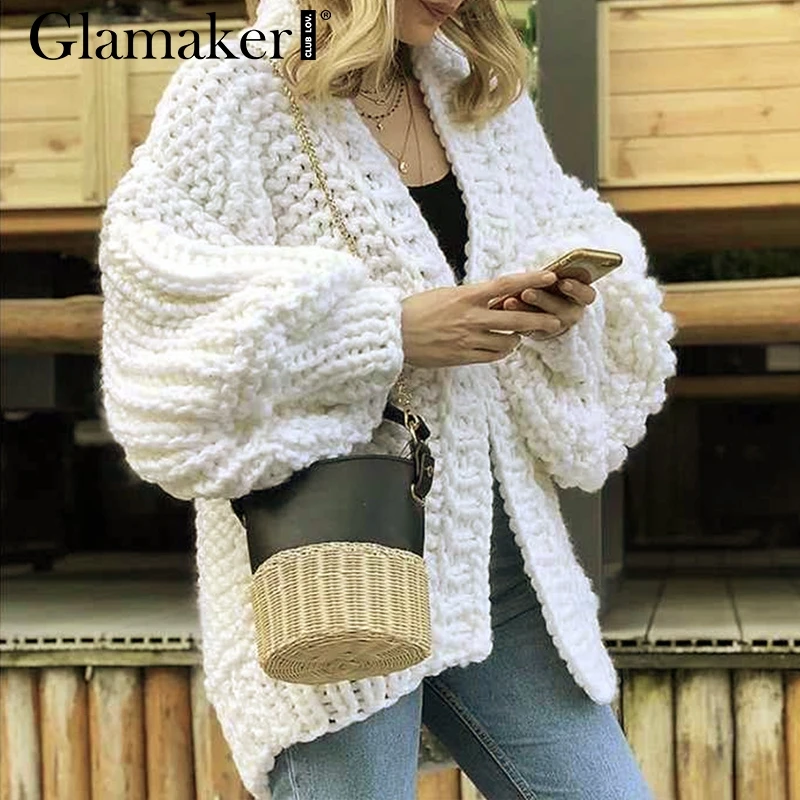 Белый Glamaker длинный рукав фонаря черный вязаный кардиган женский свободный сексуальный элегантный красный свитер женский осенний зимний трикотаж jumper2019 - Цвет: Белый