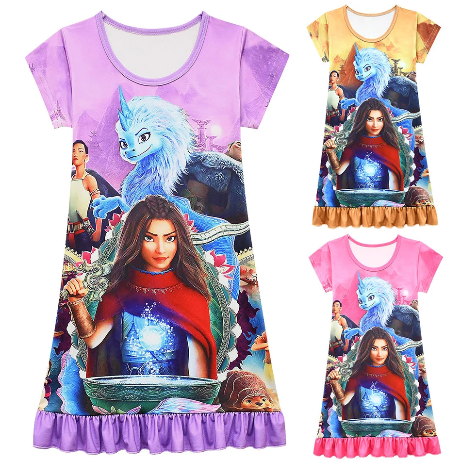 

2021 Nightdress Little Teen Girl Pajamas Dresses Children Summer Nightgown Home Clothes Girls Sleepwear Raya and The Last Dragon