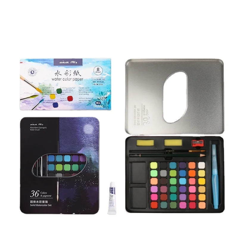 Juego de caja de lata de pintura de acuarela s&oacute;lida creativa de 36,48 colores para principiantes, suministros de arte, pintura Gouache-3