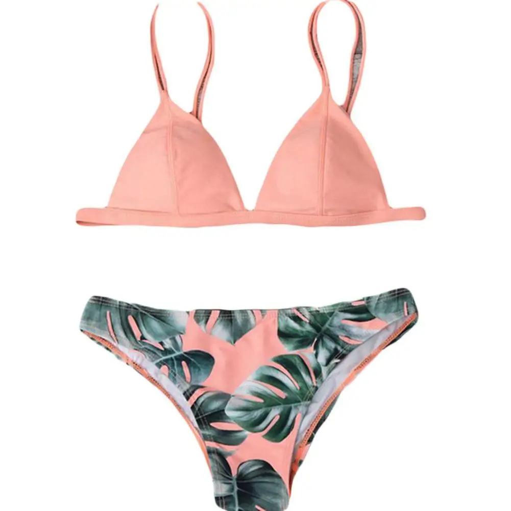 

2Pcs Women Summer Sexy Leaves Print Padded Bra Briefs Bikini Set Beach Swimwear
