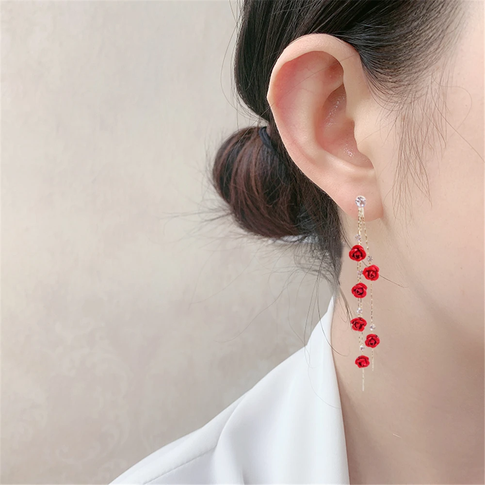 

Rose Tassel Earrings Sweet Girl Drop Earrings Jewellery Noble Elegant Women's Accessories Aesthetic Lady Party Dress Banquet