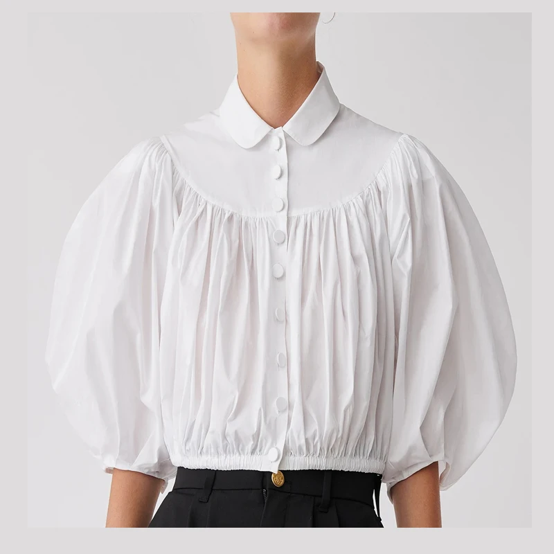 

Beachapche Office White Crop Top Blouses Sexy Summer Button Up Shirt Female Chic Pleated Blouse Turn Down Collar Casual Tunic