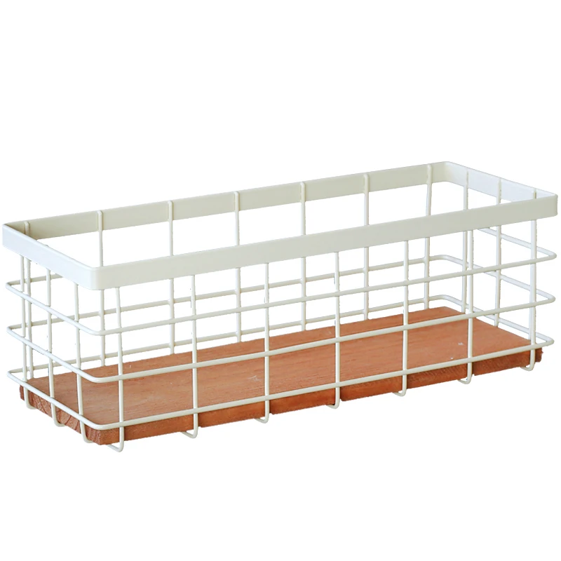 

Wall-Mounted Iron Storage Baskets Removable Wooden Base Shelves Cabinet Baskets Cosmetics Plant Stationery Storage Rack