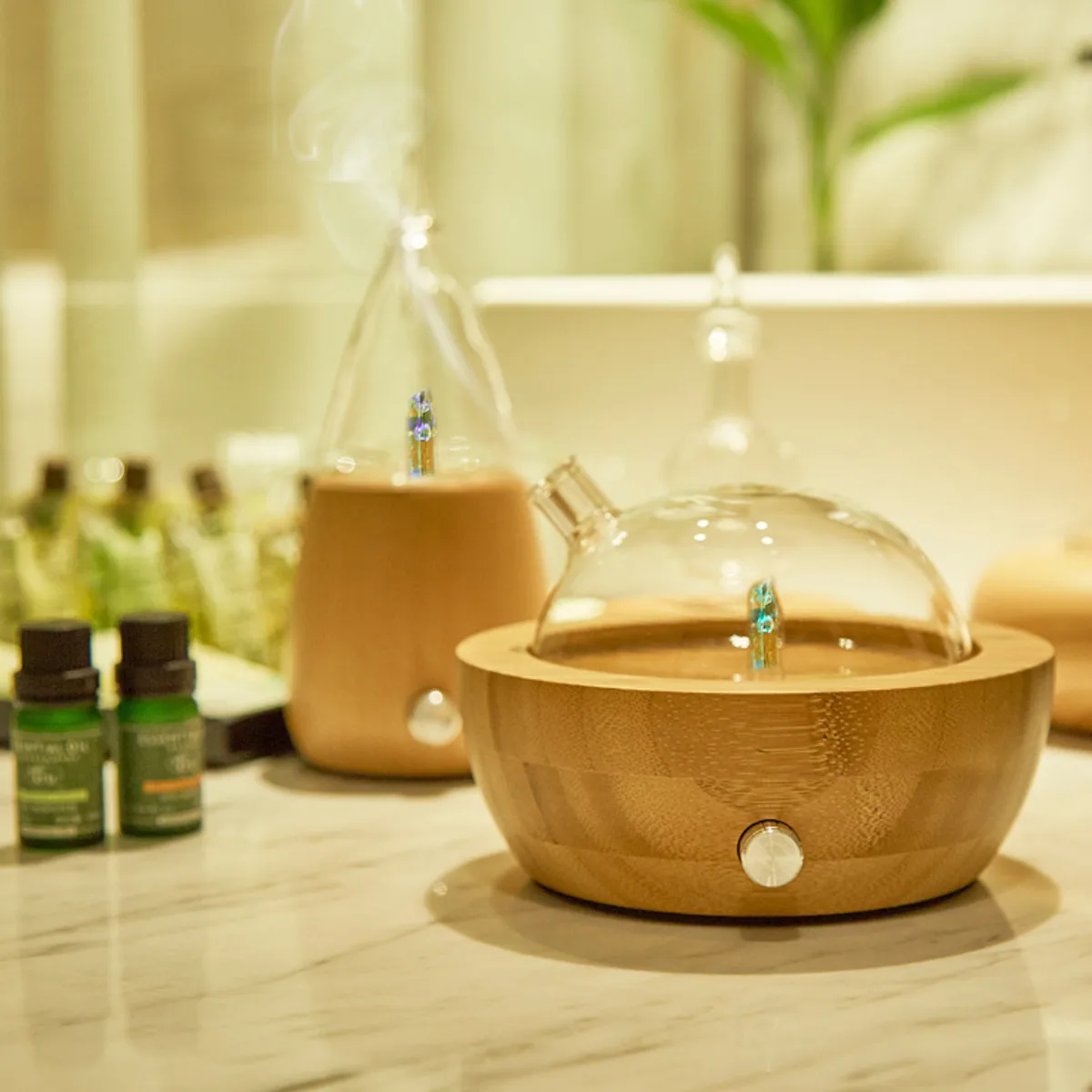 

150ML Waterless Nebulizing Essential Oil Diffuser Use Best Aromatherapy Beech Wood Glass colorful LED Light for Home Office/Gift
