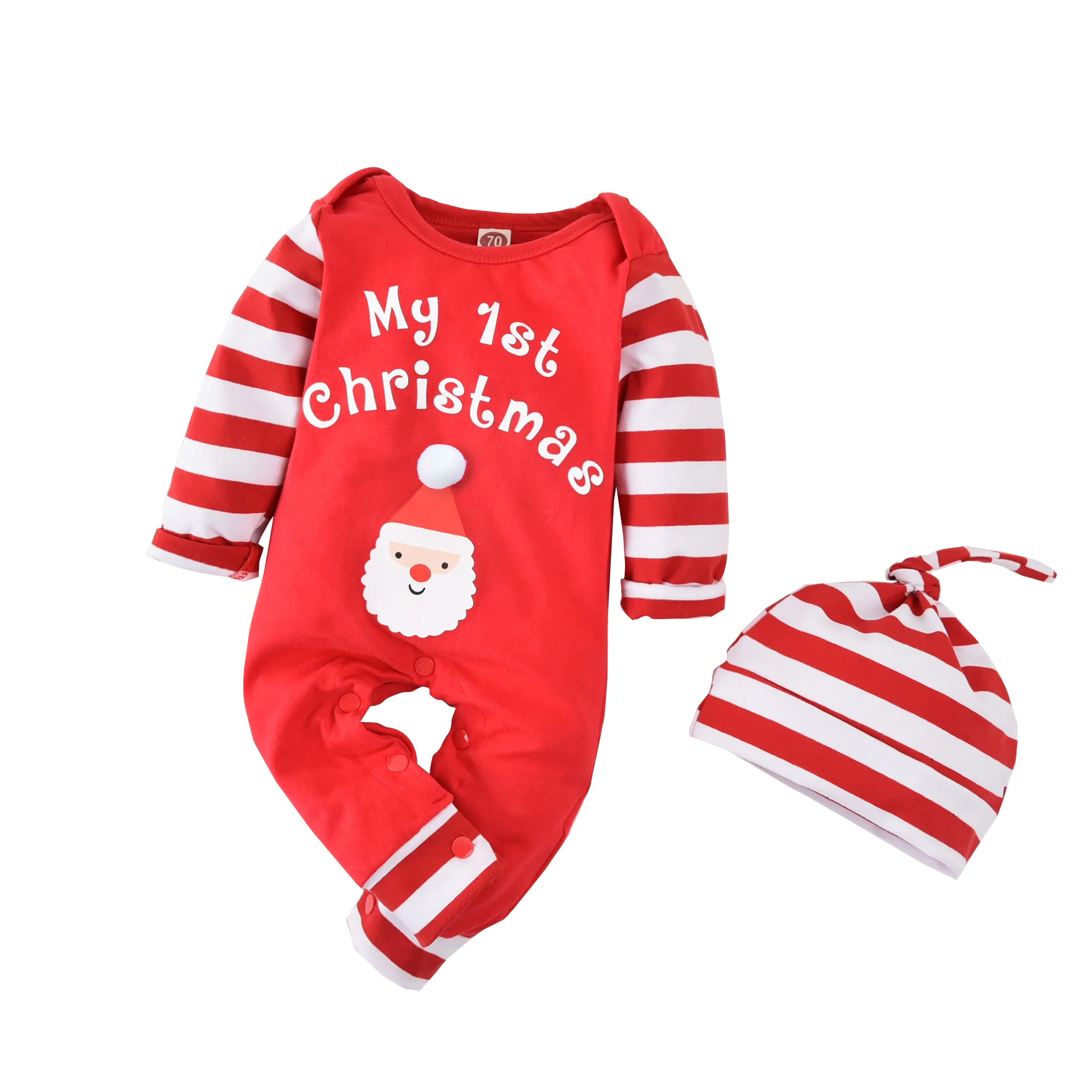 

Newborn Baby’s Long-sleeved Jumpsuit Christmas Stripe Print Round Neck One Piece Long Pants and Hat Romper Winter New