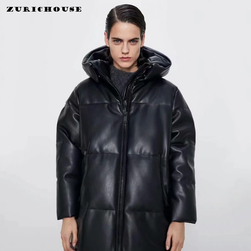 Женская длинная парка из искусственной кожи ZURICHOUSE толстое теплое пальто с