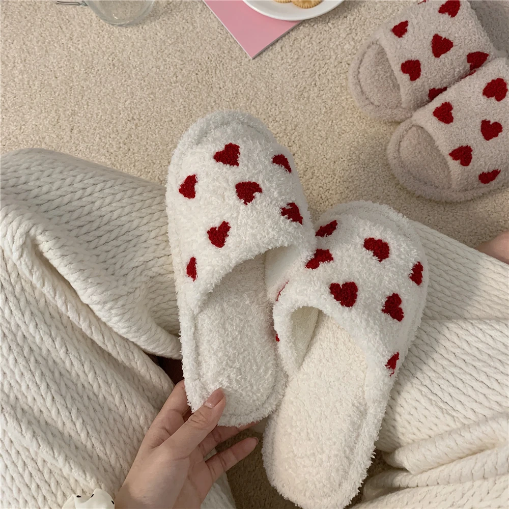 Winter New girl's Heart Indoor Non-slip Flat Cotton Slippers Soft Bottom Household Warm Plush Confinement Shoes Female Cute and