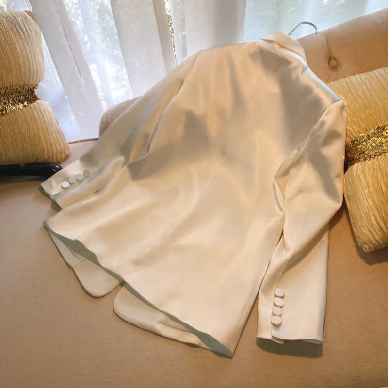 

Classic Office Ladies Formal Blazers French Design Shiny White Suit Coat Casual Loose Fit Fashion Female Elegant Black Jackets