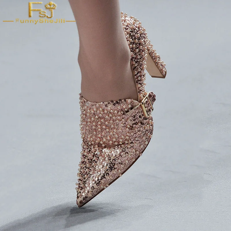 Туфли лодочки с блестками и бусинами на массивном каблуке 12 см|Женские туфли| |