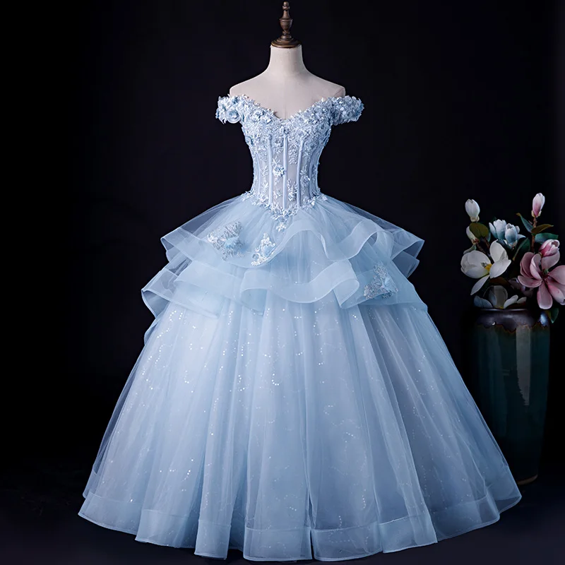 

Sexy Off Shoulder Quinceanera Dresses Skyblue Tulle Lace Appliques Ball Gown Dress Rufflepuffy Dresses For Prom Sweet 16 Dresses