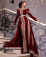burgundy velvet formal evening dresses gold appliques long sleeve african saudi arabic dubai morocco kaftan prom party gown