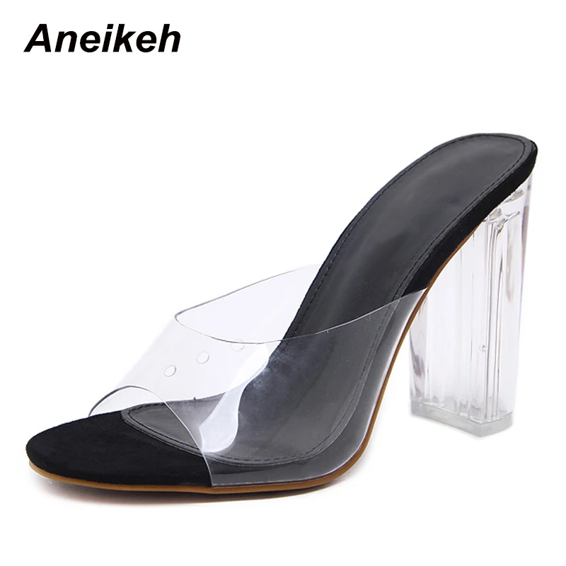 Black Aneikeh/; прозрачные сандалии из пвх; прозрачные женские босоножки на высоком каблуке с открытым носком и кристаллами; шлепанцы; туфли-лодочки; 11 см; большие размеры 41, 42 - Цвет: Black