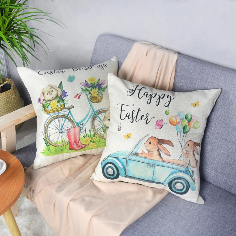 2022 spring easter home decor cushion cover square linen pillow cover 18x18 inch cartoon bunny easter eggs printed pillowcase free global shipping