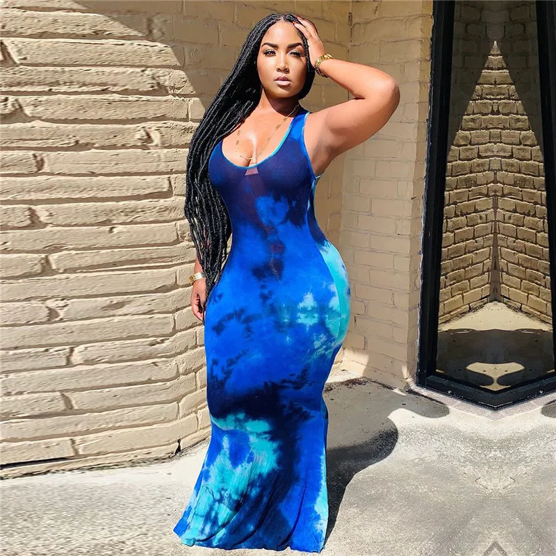 

Tie Dye Black Hole Print Plus Size Dresses Women Sexy O Neck Sleeveless Sheath Sundress Vintage Cross Backless Tanck Long Dress