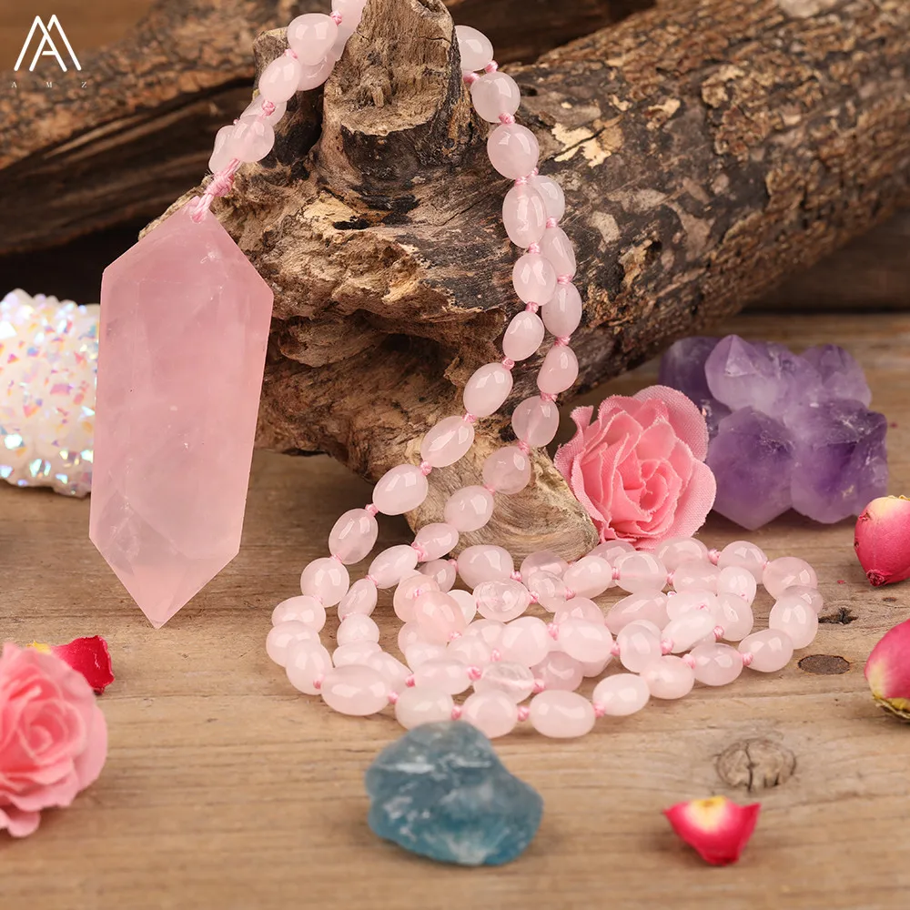 

Natural Pink Quartz Double Point Pendant Roses Quartz Chip Beads Knotted Handmade Necklace Women 108 Prayer Beads Yoga Jewelry