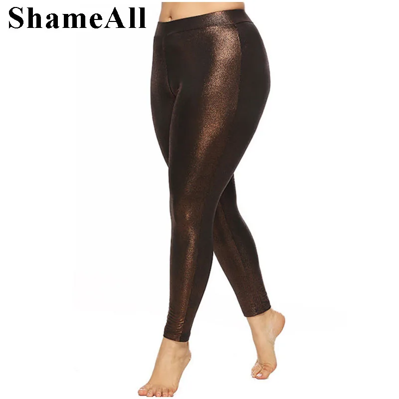 Plus Size lucido Skinny donna vita alta Leggings scintillanti 5Xl Slim Fitness Stretch pantaloni