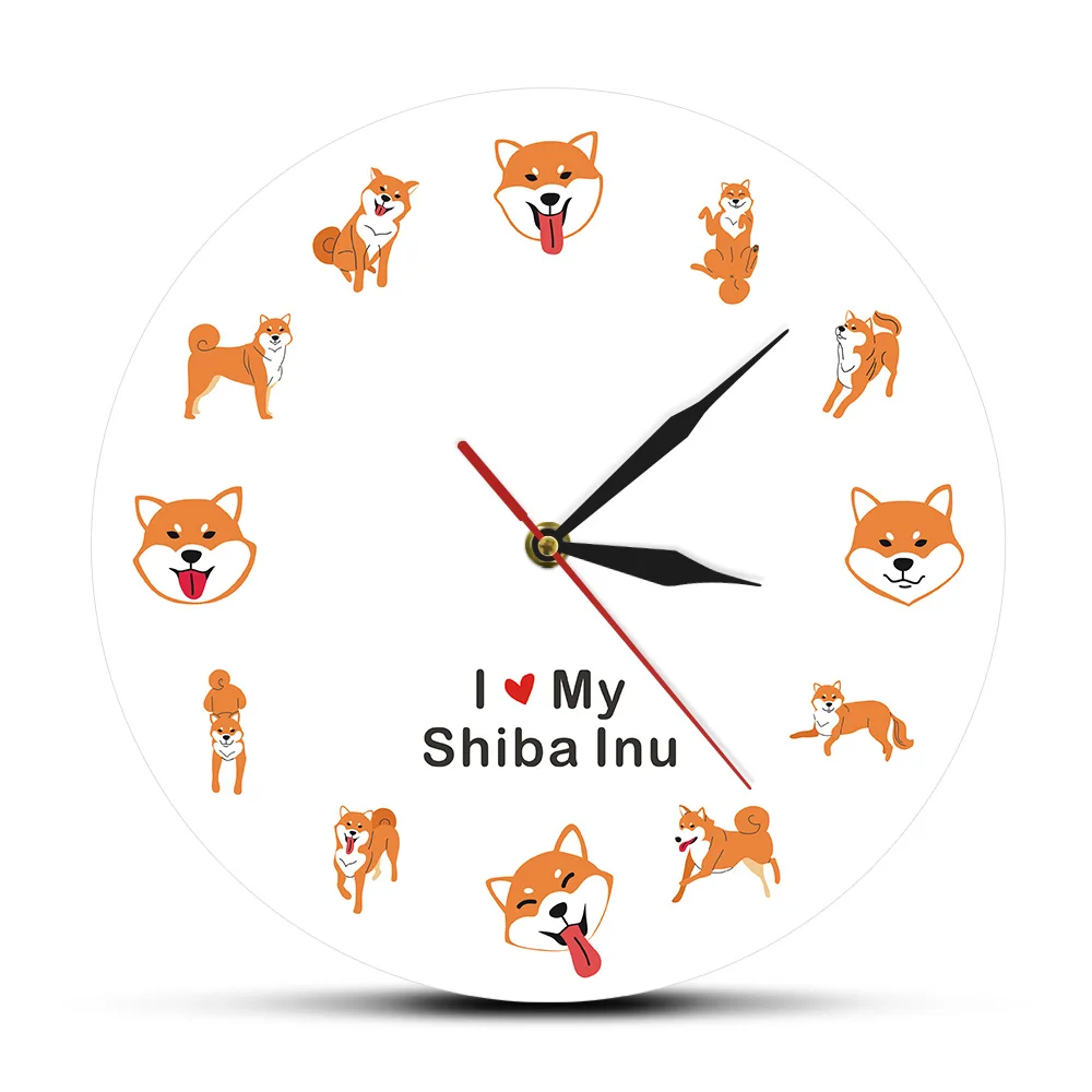 

I Love My Shiba Inu Dog Pet Shop Decor Wall Clock Cartoon Puppy Animal Wall Art Timepiece Japanese Brushwood Dog Wall Watch