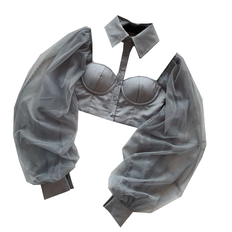 

STREET Newest HIGH Fashion 2021 Designer dress Women's Turn-down Collar Lantern Sleeve Gauze Patchwork short shirt Blouse Top