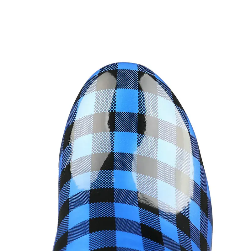 

Blue Lattice Platform Women's Shoes Fashion Zipper Patent Leather Knee High Boots Lady Thick High Heel Autumn Winter Long Boots