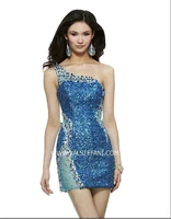 free shipping beaded crystal one shoulder short vestido de noiva sexy blue elegant christmas party mother of the bride dresses