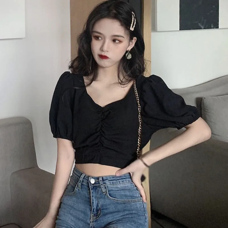 

Women Blouses Sexy Solid Color V-Neck Puff Sleeve Slim Blouse Top Shirt Chiffon Shirts One Size Vetements Femmes