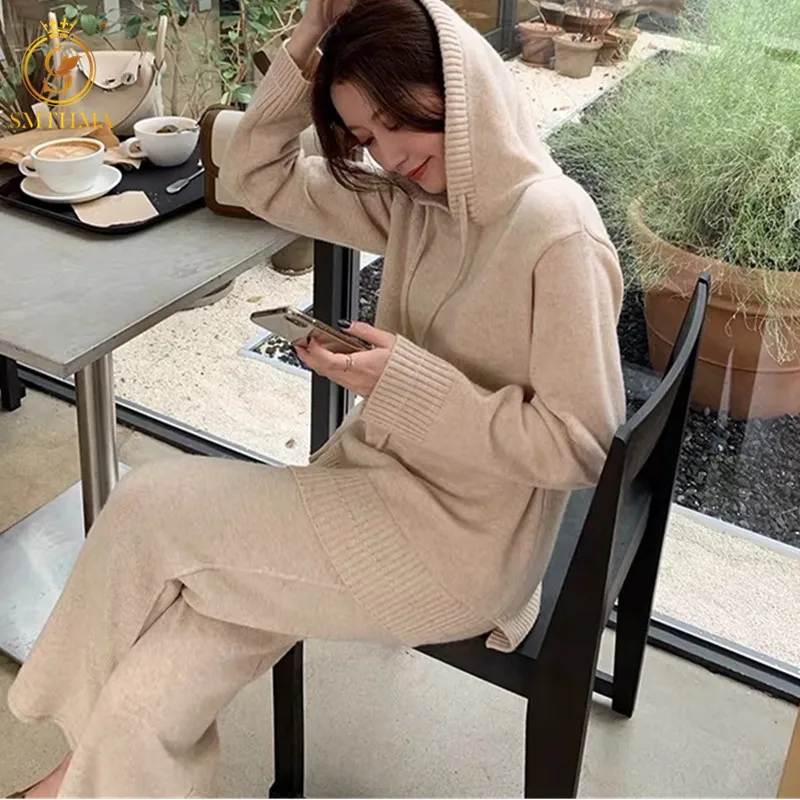 

SMTHMA 2021 Новый Зимний вязаный костюм с широкими штанами женский свободный свитер с капюшоном из двух частей модные наряды