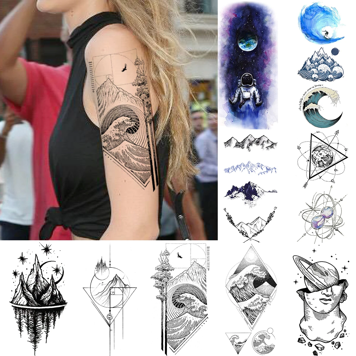 Геометрическая линейка волнистая временная татуировка наклейка для мужчин