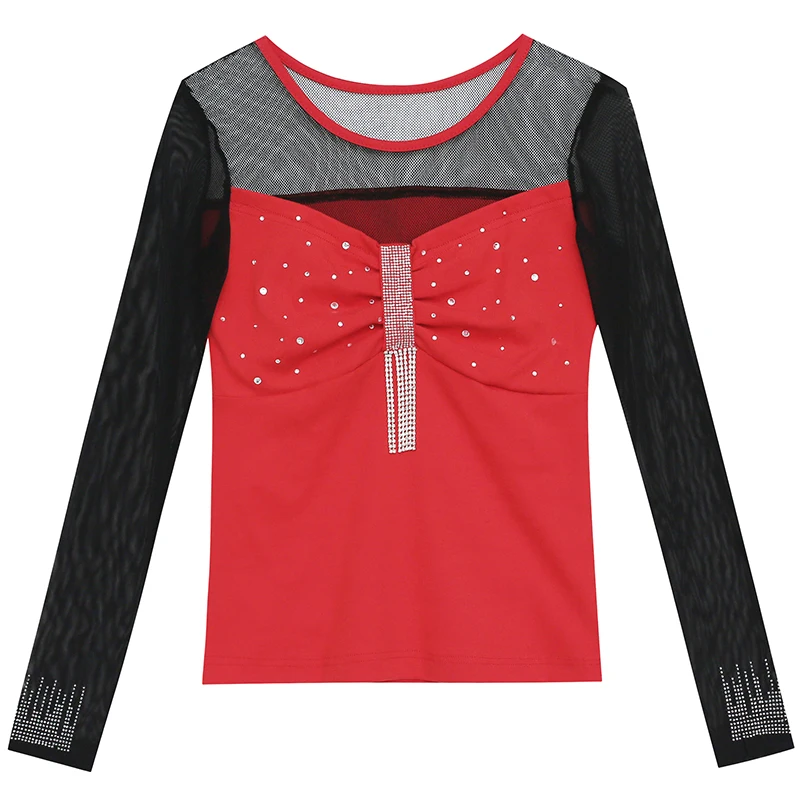Футболка женская сетка со стразами пряжи Сезон весна-осень В стиле панк-рок топы