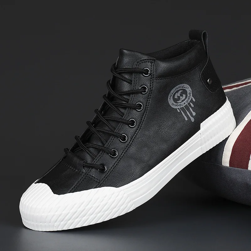 

21867 New Men PU Leather Boot Korean Trend Comfortable Loafer Men Shoes British Fashion Men High Top Sneakers New Moccasins Boot