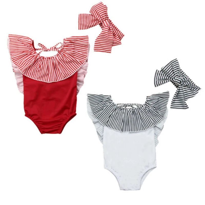 

Toddler Baby Girl Sleeveless Backless Bathing Suit Outfits Swimsuit Sets 2Pcs Summer Bikini+Headband Striped Ruffles Swimwear