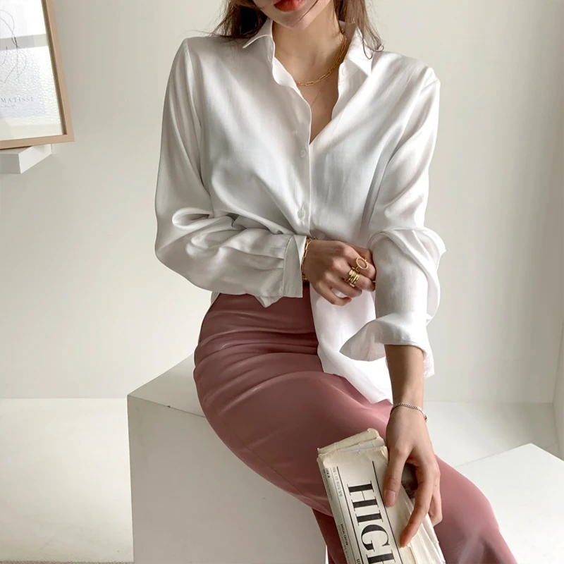 

Female Blouse Top Korean Spring Blusas Elegant Stain Turn-down Collar Women Shirts OL Style Long Sleeve Single-breasted